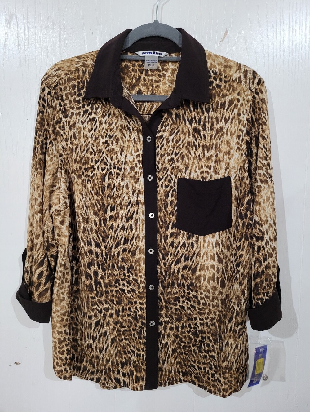 Peter Nygard Womens 3/4 Sleeve Brown Animal Print Button-Up Shirt Sz LP NWT